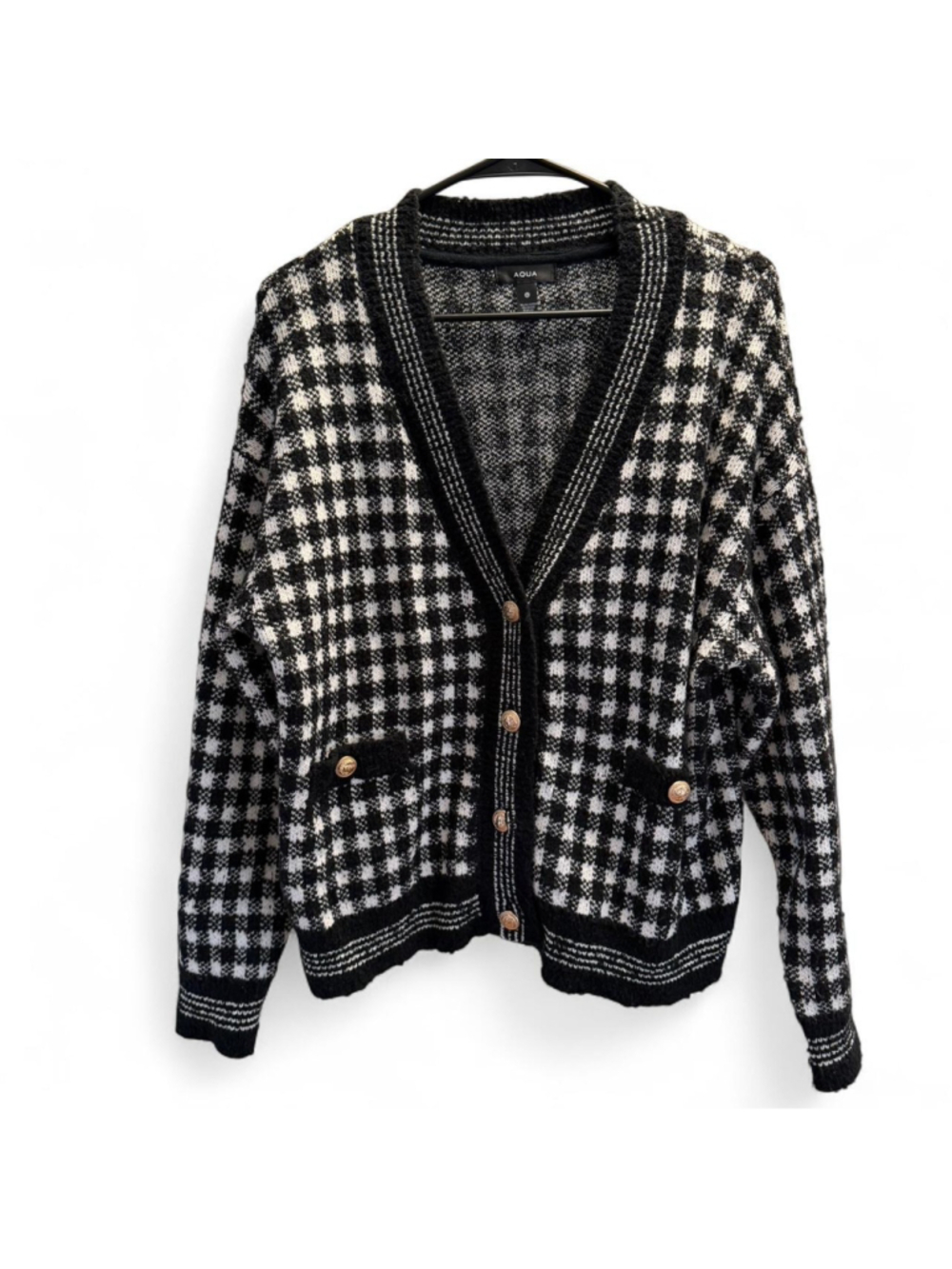 Aqua black and white gingham sweater cardigan with gold buttons